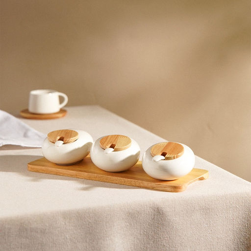 Банки для сыпучих SL Home «Тренто», 150 мл, набор 3 шт., с ложками, на деревянной подставке, фарфор, белые