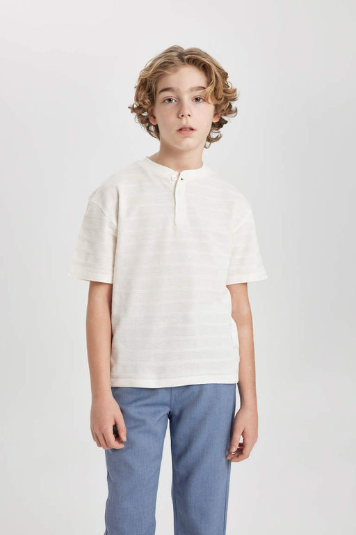 Футболка оверсайз с воротником и короткими рукавами для мальчика - Defacto фото 3