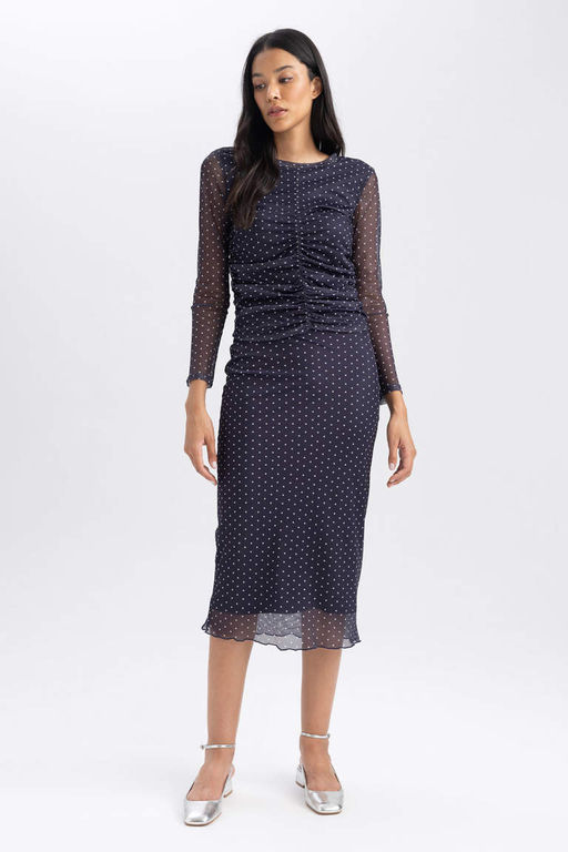 Облегающая футболка с длинным рукавом и круглым вырезом в горошек - Defacto фото 2