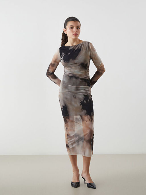 Bisiklet Yaka Batik Desenli Kad?n Bodycon Elbise