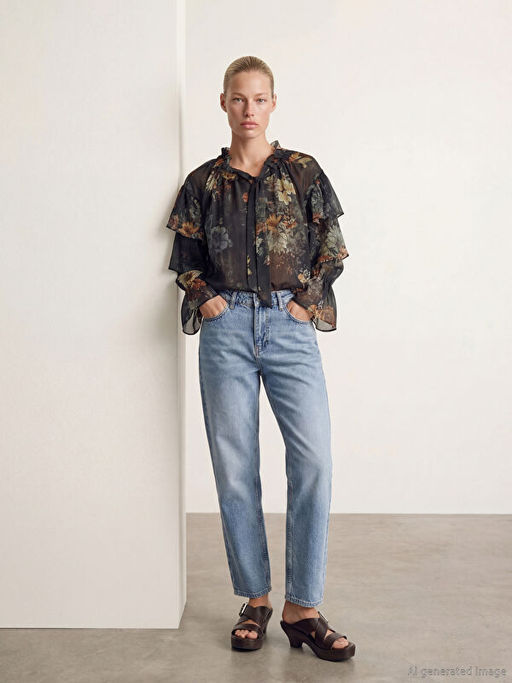 Ba?lamal? Yaka ?i?ekli F?rf?rl? ?ifon Bluz