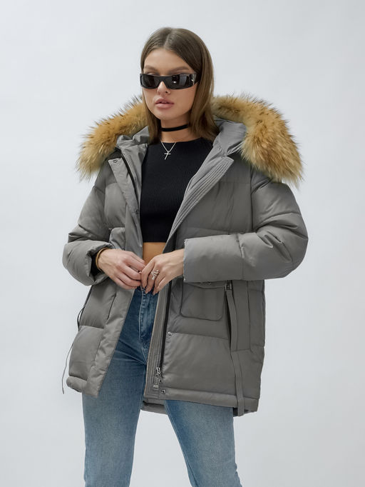 Куртка женская зимняя с мехом енот премиум класса серого цвета 3215Sr - Visdeer фото 10