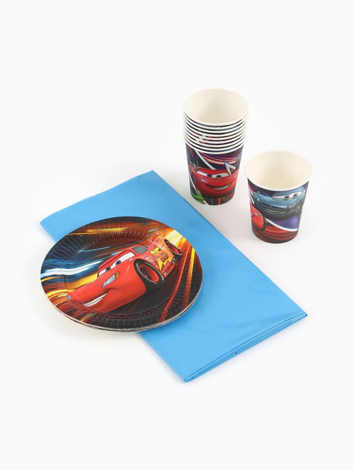 Посуда одноразовая бумажная на 10 персон: стаканы, тарелки, скатерть, Тачки