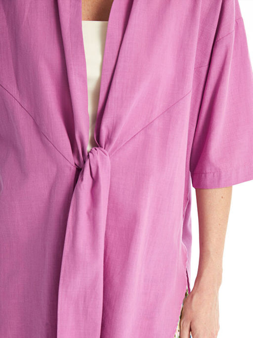 ?al Yaka D?z Oversize Keten G?r?n?ml? Kad?n Kimono