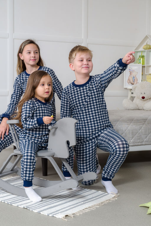 Пижама подростковая из кулирки пенье на манжетах Дрёма клетка синяя - Амадэль фото 43