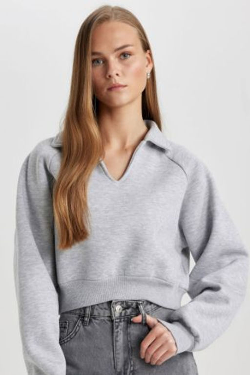 Regular Fit Polo Yaka Basic Duz Kal?n Sweatshirt