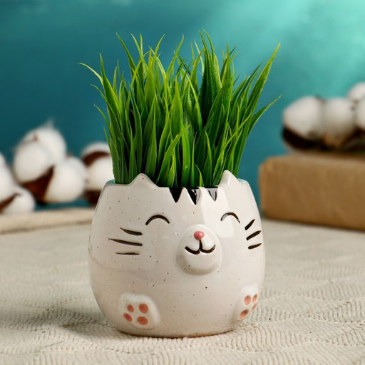 Горшок для цветов «Котёнок», 200 мл,8×8×8 см, керамика, бежевый