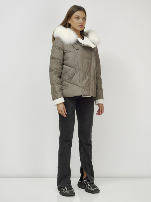 Куртка зимняя женская косуха с мехом и овчиной коричневого цвета 389_1K