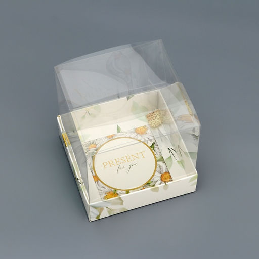 Цена за 5 шт. Коробка сборная с PVC крышкой, Ромашки, 10?10?10 см