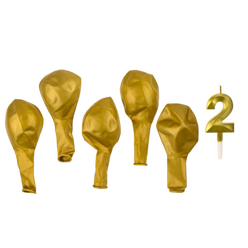 Свеча для торта, цифра 2 + воздушные шары, 5 шт, золото - Страна карнавалия фото 3