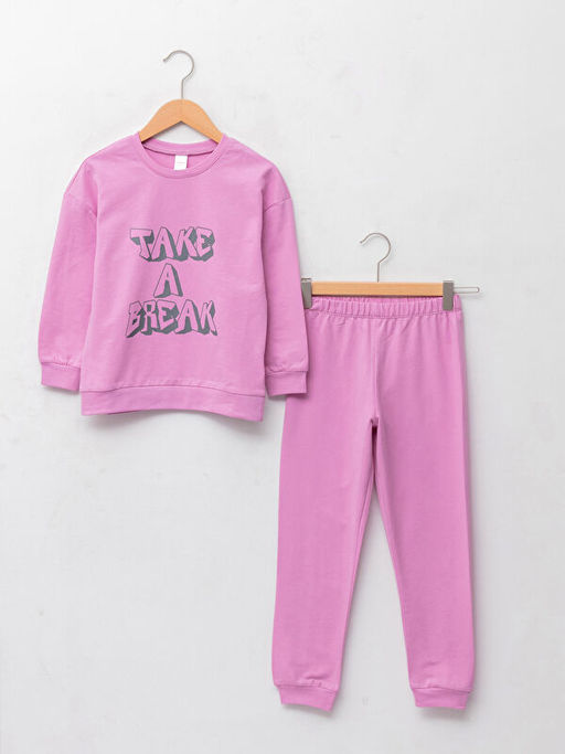 Bisiklet Yaka Bask?l? Uzun Kollu K?z ?ocuk Pijama Tak?m?