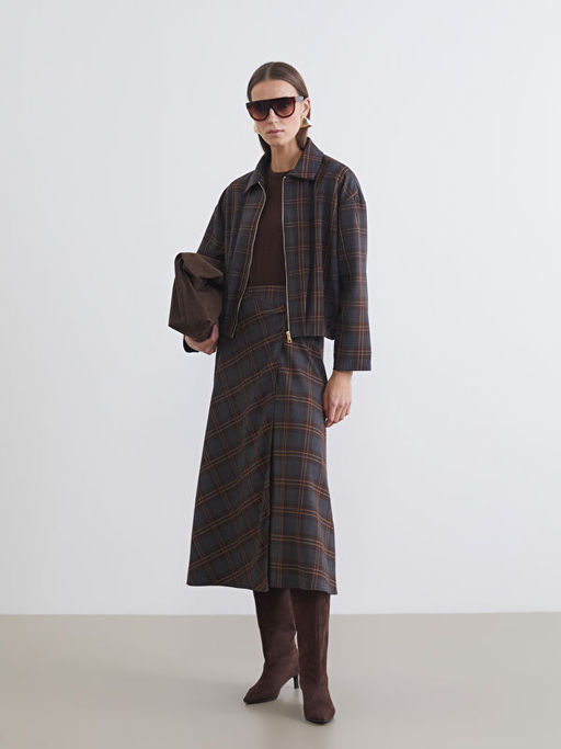 G?mlek Yaka Ekose Oversize Kad?n Ceket