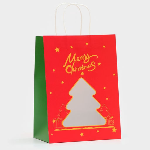 Цена за 2 шт. Пакет подарочный бумажный с окном «Ёлка» 30×22×14 см, крафт красный