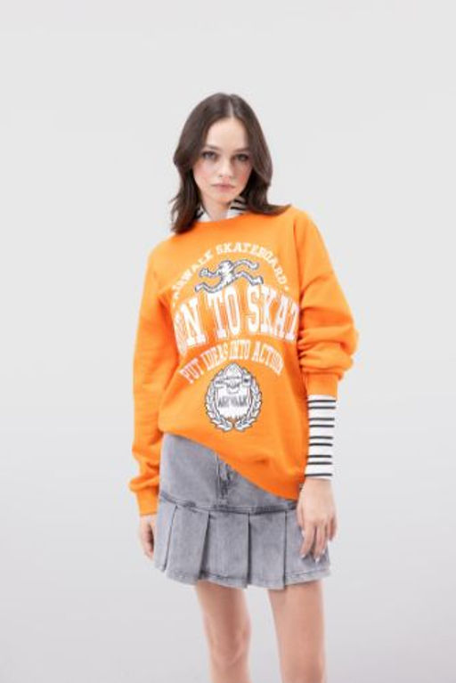 Coool Airwalk Oversize Genis Kal?p Bisiklet Yaka Bask?l? Kal?n Sweatshirt
