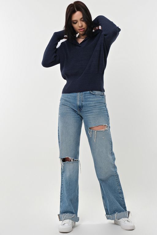 Джемпер хлопковый с капюшоном меланж синий