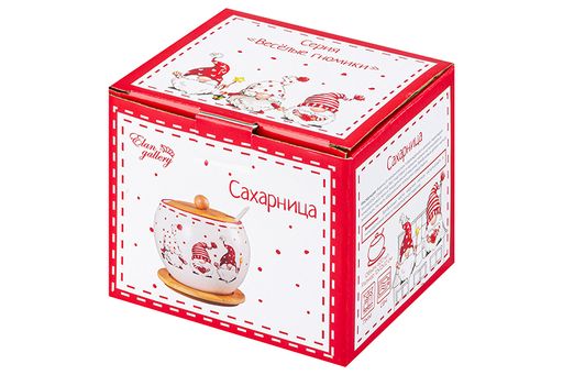 Сахарница 620 мл 12*12*12 см Весёлые гномики + дер. крышка на дерев. подставке - Elan gallery фото 6