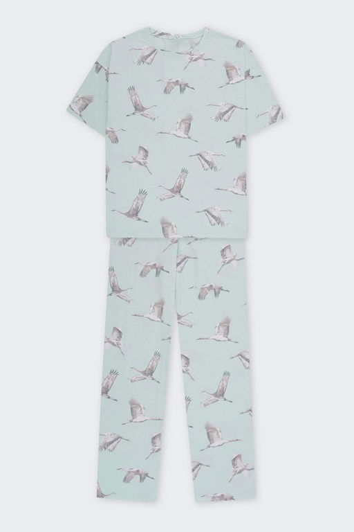ЕП 20204/туманный голубой,журавли пижама жен (фуфайка,брюки)