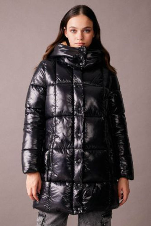 Su Itici Puffer Uzun Sisme Mont Parka Parlak Kumas Fermuar C?tc?t Kapamal? Cepli