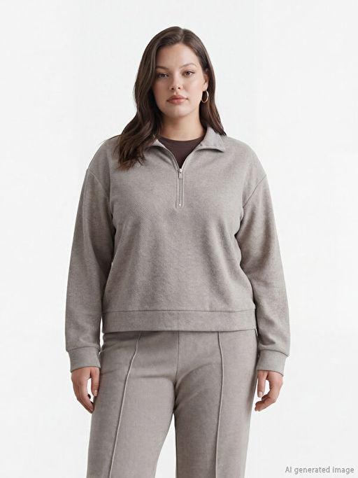 Dik Yaka Desenli Soft Touch Kad?n Sweatshirt