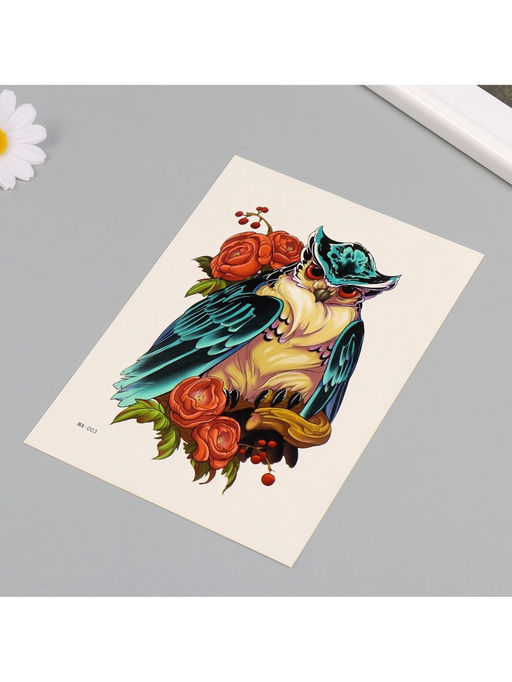 Цена за 2 шт. Переводная тату на тело цветная Сова в пионах, 26.1?14.6 см