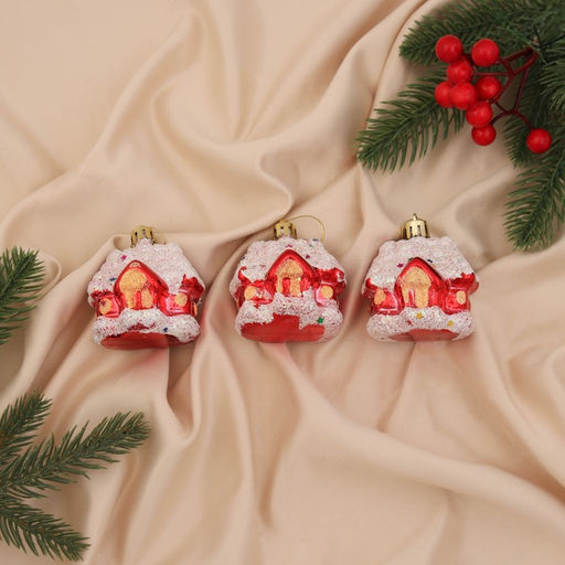 Ёлочные игрушки 3 шт. Зимнее волшебство. Заснеженный домик пластик, 65 см, красно-белый