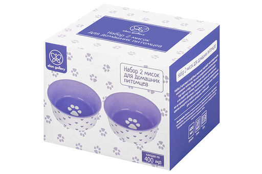 Набор мисок для домашних питомцев 2 пр. 400 мл 13,5*13,5*5 см Лапка на сиреневом и сердечки керами - Elan gallery фото 7