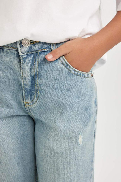 Джинсовые брюки прямого кроя с рваными деталями и прямыми карманами для девочек - Defacto фото 5