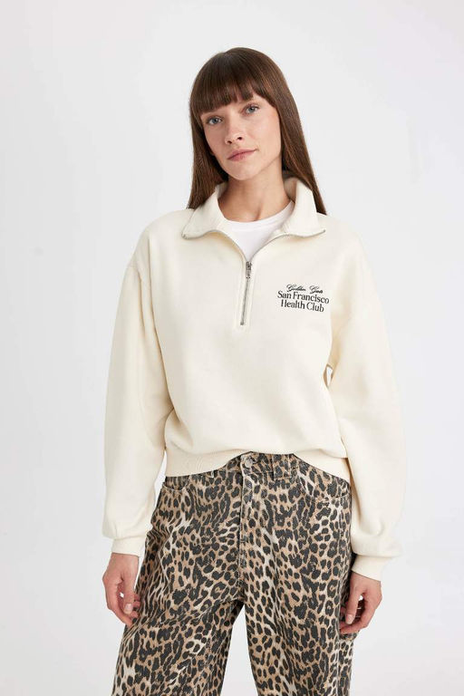 Толстая толстая толстовка с высоким воротником и высоким воротником обычного кроя с принтом и полумолнией - Defacto фото 3