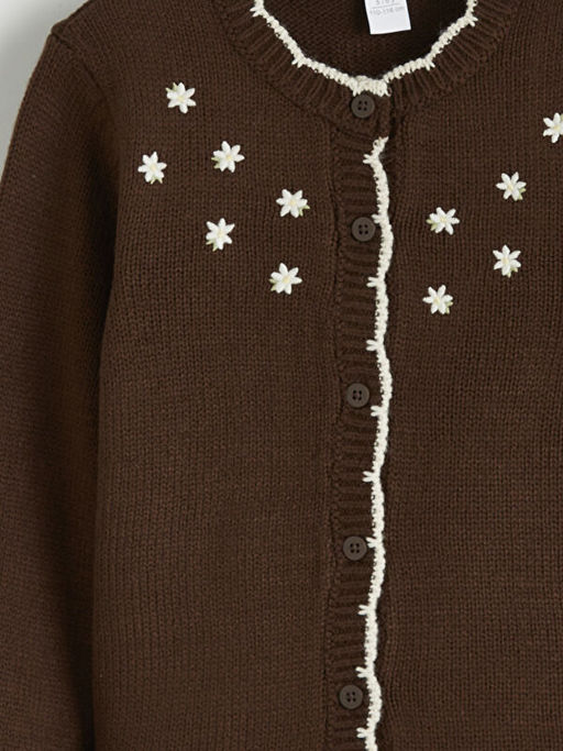 Bisiklet Yaka ?i?ek Nak??l? K?z ?ocuk Triko H?rka