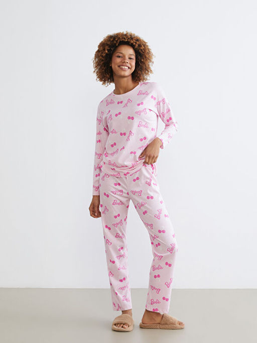 Bisiklet Yaka Barbie Bask?l? Kad?n Pijama Tak?m?