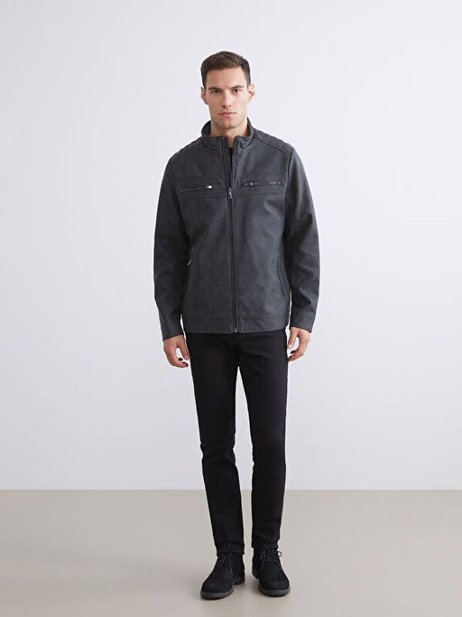 Biker Yaka Deri G?r?n?ml? Erkek Ceket