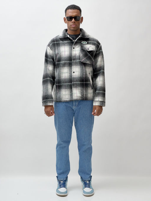 Куртка рубашка шерстяная в клетку мужская демисезонная темно-серого цвета 58592TC