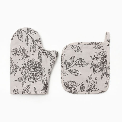 Набор кухонный Этель Black flowers: варежка-прихватка, прихватка, 100% хлопок, саржа 190 г/м?