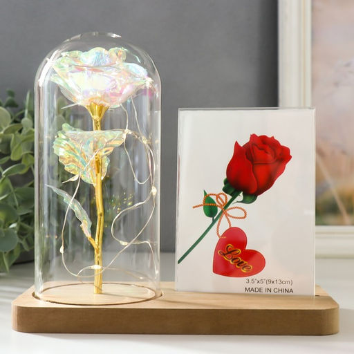 Фоторамка для фото 9×13 см настольная светящаяся «Голография. Роза в колбе», от батареек, 2×LR1130, 9.8×19.5×18 см