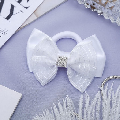 Цена за 6 шт. Бант для волос на резинке «Школьница», полосы стразы, 6.5 см, белый