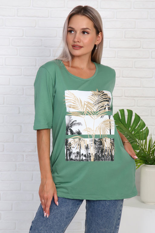 Футболка удлиненная с рисунком листья пальмы, Арт. 786