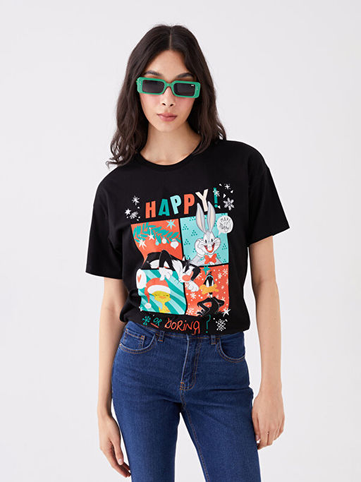 Bisiklet Yaka Y?lba?? Temal? Bugs Bunny Bask?l? K?sa Kollu Kad?n Ti??rt - Waikiki фото 2
