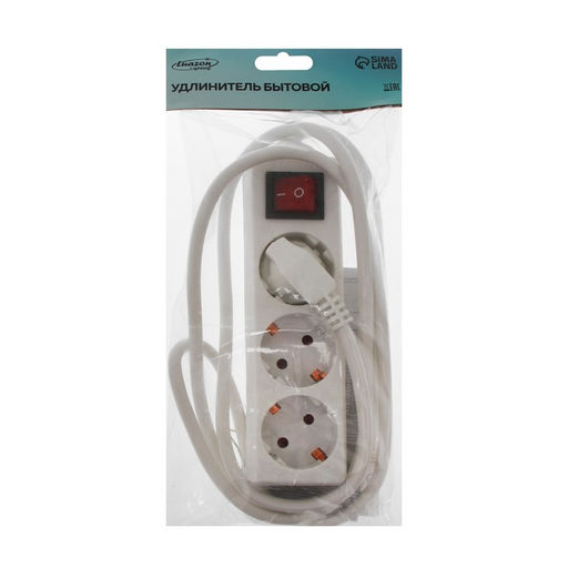 Удлинитель Luazon Lighting, 3 розетки, 1.8 м, 10 А, 2200 Вт, 3×1.5 мм2, с заземлением, с выключателем, белый