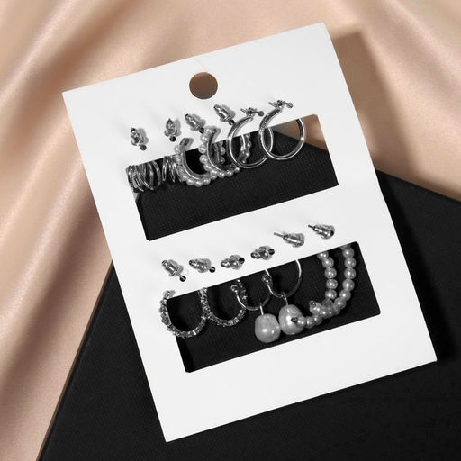 Серьги-кольца набор 6 пар Жемчужные настроение, цвет белый в серебре - Queen fair фото 2