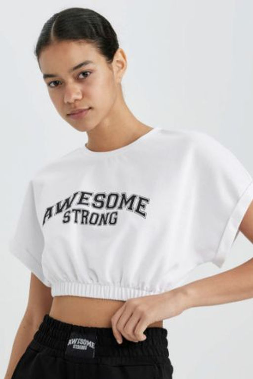 DeFactoFit Crop Bisiklet Yaka Bask?l? Sporcu K?sa Kollu Tisort