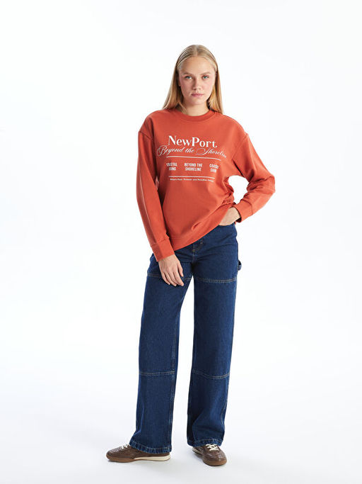 Bisiklet Yaka Bask?l? Oversize Kad?n Kal?n Sweatshirt