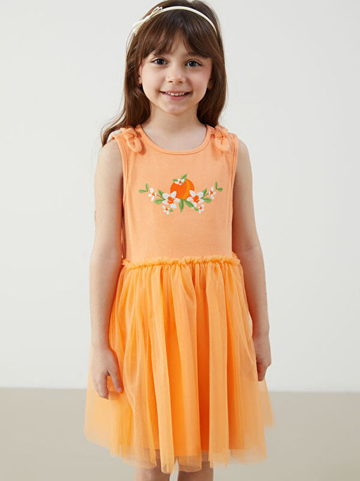 Bisiklet Yaka ?i?ekli K?z ?ocuk Penye Elbise