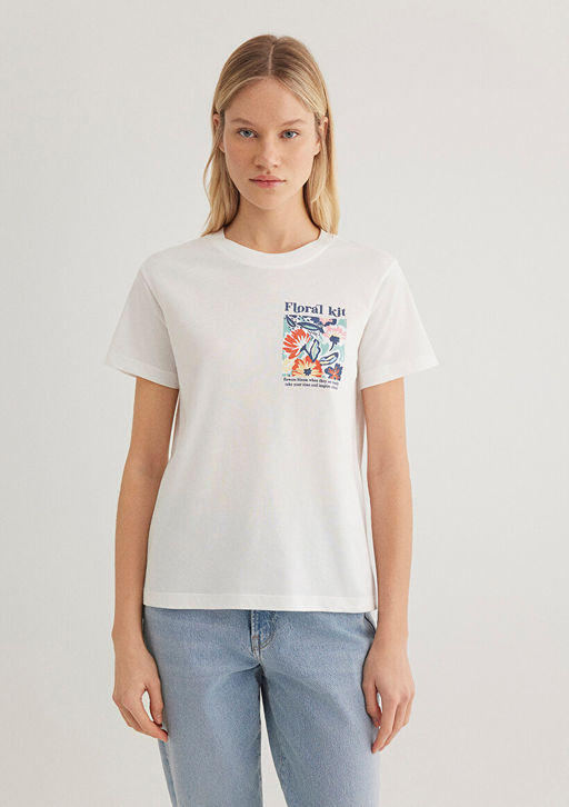 Cicek Bask?l? Ekru Tisort - Mavi фото 4