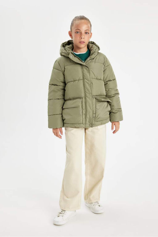 Водоотталкивающая куртка-пуховик для девочек с капюшоном на флисовой подкладке и карманом на молнии - Defacto фото 2
