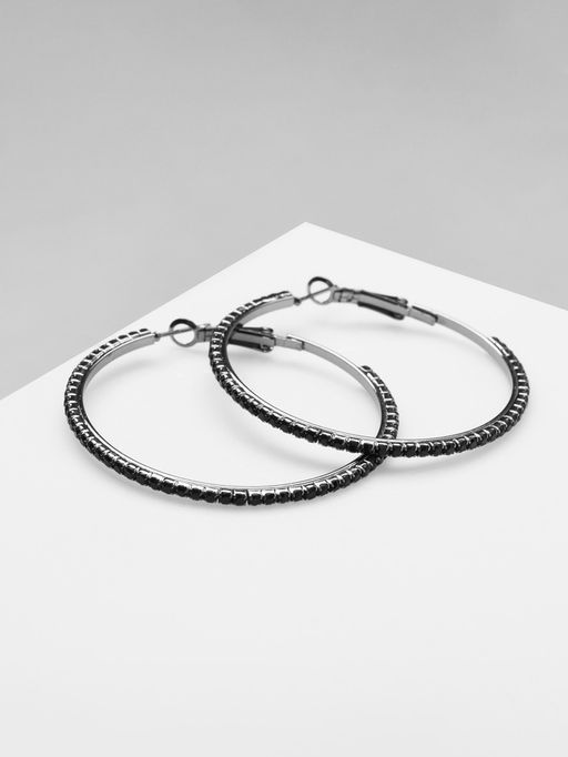 Серьги кольца со стразами QF Сумерки, d=5 см, чёрные в серебре