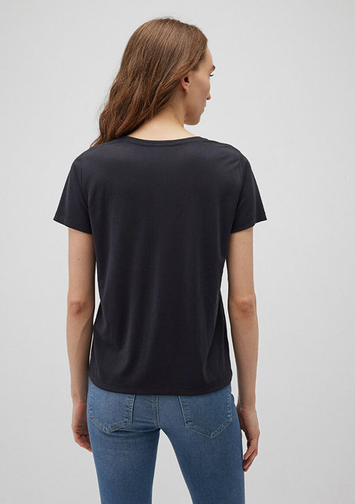 V Yaka Siyah Tisort - Mavi фото 4