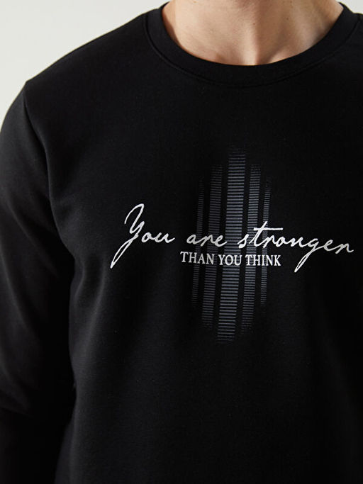 Bisiklet Yaka Bask?l? Erkek Kal?n Sweatshirt