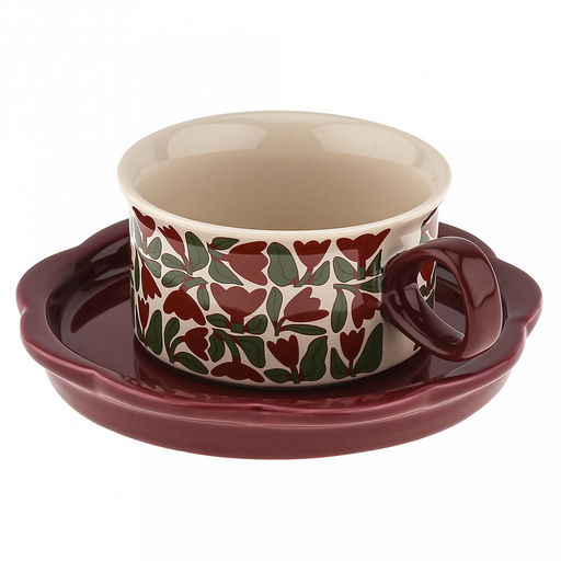 "Вдохновленные цветами" Чашка фарфоровая 250мл, д9,9см h5,5см, с блюдцем д16см h2см, общая h6,5см, глянцевая глазурь, с деколью "Красная роза", волнистый край, отводка, в коробке (Китай)