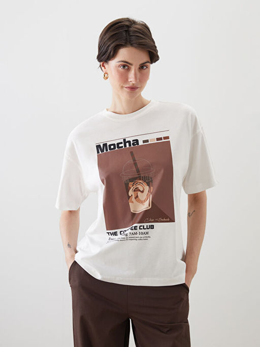 Bisiklet Yaka Bask?l? Oversize Kad?n Ti??rt