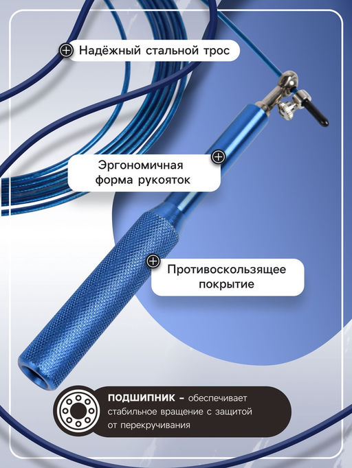Скакалка спортивная ONLYTOP, 2.8 м, регулируемая, скоростная, с подшипником, синяя